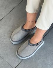 stockholm düz taban oval burun içi kürklü kadın bot gri süet