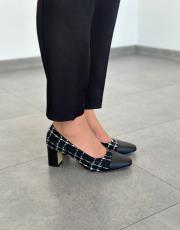 nina küt burun kumaş desen kadın topuklu ayakkabı siyah teks