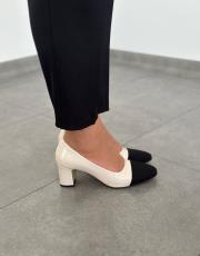 lozano küt burun kumaş detay kadın rugan topuklu ayakkabı bej rugan