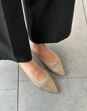 elaso sivri burun komple taşlı triko kumaş kadın babet bej 2