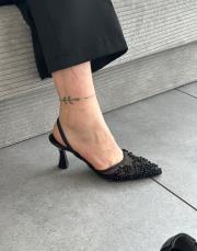 liny oval burun file taş detay arkası açık lastikli kadın topuklu ayakkabı siyah