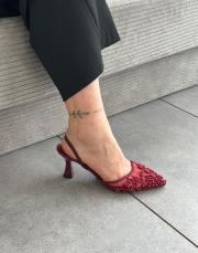 liny oval burun file taş detay arkası açık lastikli kadın topuklu ayakkabı bordo