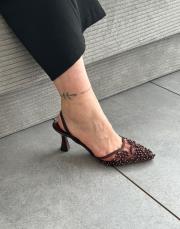 liny oval burun file taş detay arkası açık lastikli kadın topuklu ayakkabı acı kahve