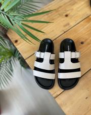 jenne ön ve arkası açık kemerli kadın terlik bej