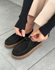 javed oval burun kalın taban bağcıklı kadın hakiki deri loafer siyah deri