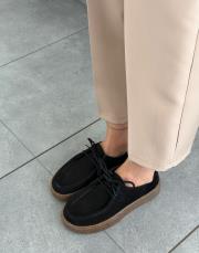 javed oval burun kalın taban bağcıklı kadın hakiki deri loafer siyah deri 2