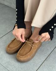 javed oval burun kalın taban bağcıklı kadın hakiki deri loafer taba deri