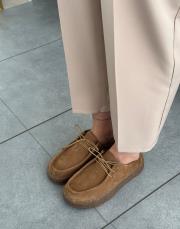 javed oval burun kalın taban bağcıklı kadın hakiki deri loafer taba deri 2