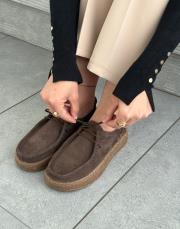 javed oval burun kalın taban bağcıklı kadın hakiki deri loafer acı kahve deri 2