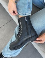 rezza yuvarlak burun bağcıklı kadın postal siyah deri