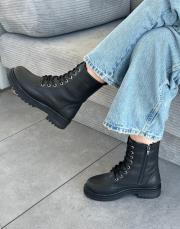 rezza yuvarlak burun bağcıklı kadın postal siyah deri 2