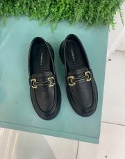 barcelona kalın taban oval burun ön aksesuar detay kadın loafer siyah deri