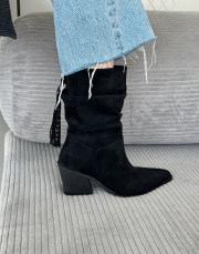 wati sivri burun arka aksesuar detay kadın topuklu süet bot siyah süet