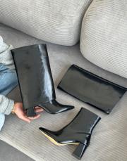 candes sivri burun tozluk detay kadın topuklu çizme siyah kırışık