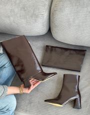 candes sivri burun tozluk detay kadın topuklu çizme acı kahve kırışık