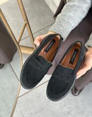 benni oval burun düz kadın loafer siyah süet