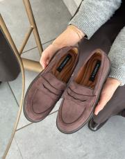 benni oval burun düz kadın loafer acı kahve süet