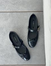 melkas oval burun fiyonk detay kemerli kadın babet siyah kırışık