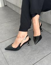 doli sivri burun kemer aksesuar detay arkası açık kadın topuklu ayakkabı siyah
