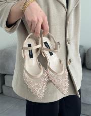 coco oval burun nakış taş detay arkası açık kemerli kadın babet bej