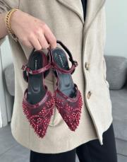 coco oval burun nakış taş detay arkası açık kemerli kadın babet bordo