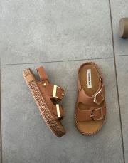 meraldo ön ve arkası açık çift kemer detay kadın sandalet taba 2