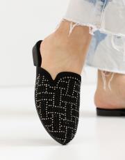 allo oval burun taşlı kadın terlik siyaha gümüş